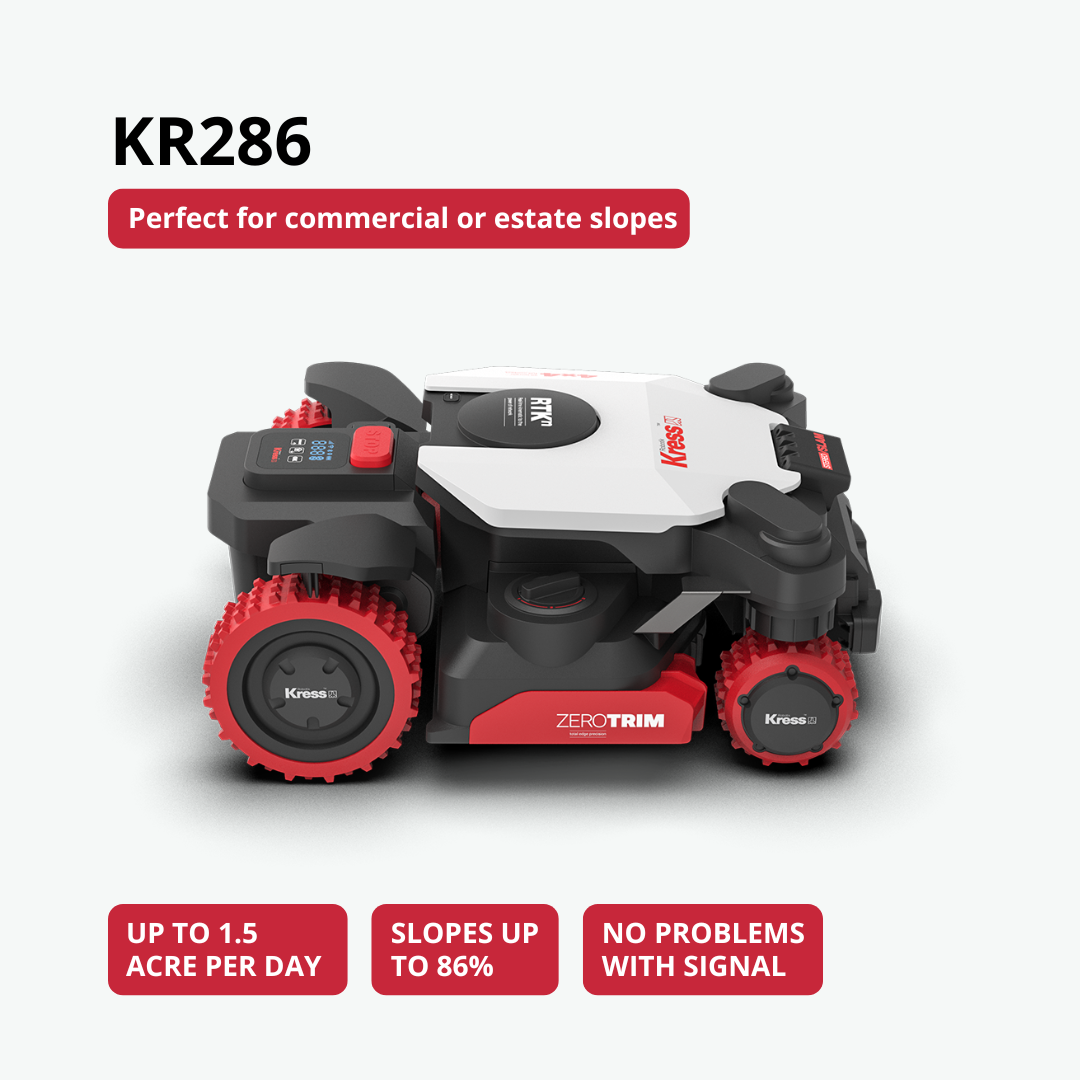 Kress KR286 lawn mower on a white background with text highlighting its features.