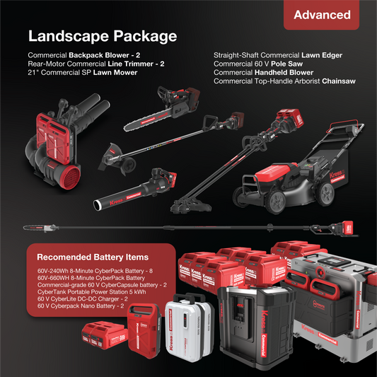 Loaded Landscape Package: Backpack Blower, Line Trimmer, Lawn Mower, Lawn Edger, Pole Saw, Handheld Blower, Arborist Chainsaw, CyberPack Batteries, CyberTank Portable Station, DC-DC Charger, Nano Battery