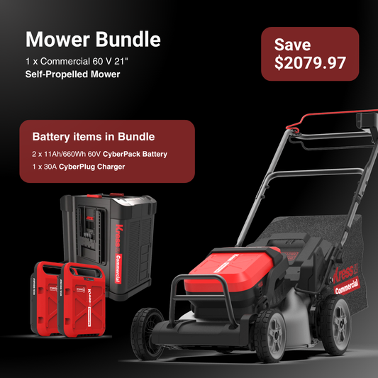 Commercial self-propelled mower bundle on a black background, including a red and black mower, two red CyberPack batteries, and a red charger. Text highlights the mower and included battery items, with a save badge showing $2079.