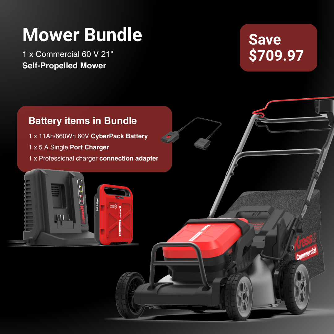 Mower bundle with commercial mower, battery pack, and charger on a black background