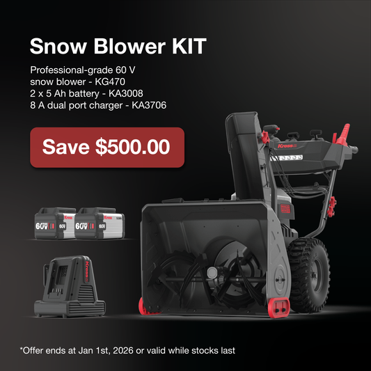 Snow blower kit on sale with professional-grade 60V snow blower, battery, and charger on a black background.