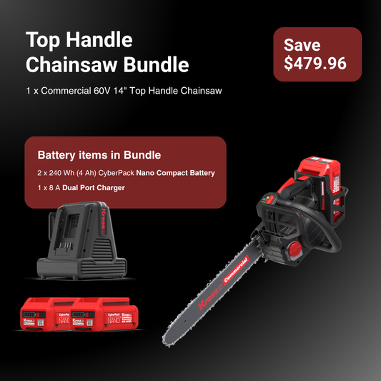 A promotional bundle graphic for a top handle chainsaw set on a dark gradient background. The main product shown is a red and black top handle chainsaw, with included accessories displayed below: a black charger, three red battery packs, and text reading 'Top Handle Chainsaw Bundle,' 'Save $479.