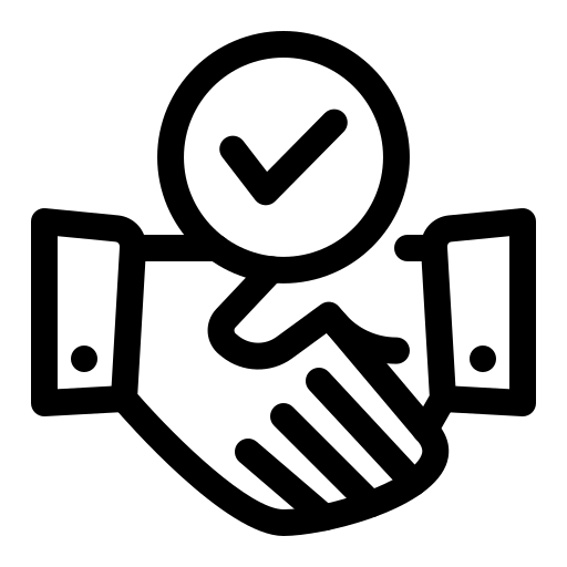 Black icon of a handshake with a check mark on a transparent background